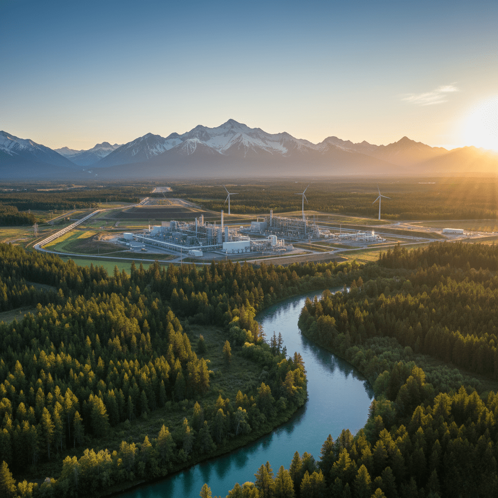 Aerial, panoramic view of a large, well-maintained energy processing facility situated near a river and forest, with snow-capped mountains in the background, symbolizing environmental stewardship and large-scale project management.