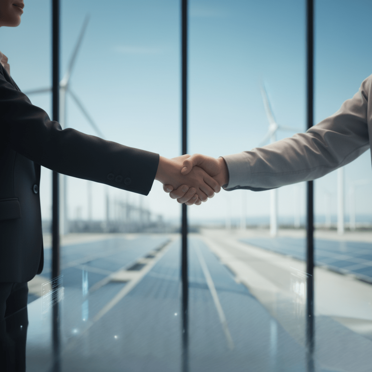 Close-up of two business people shaking hands in front of a modern window overlooking solar panels and wind turbines, symbolizing partnership and commitment to clean energy solutions.