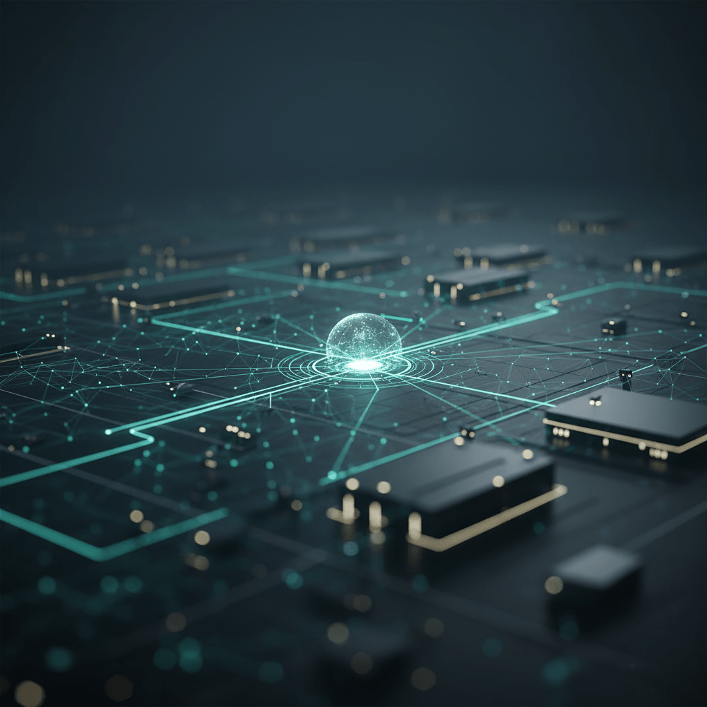 Abstract image of a digital circuit board with a central glowing sphere, symbolizing data integration, connectivity, and centralized project oversight.