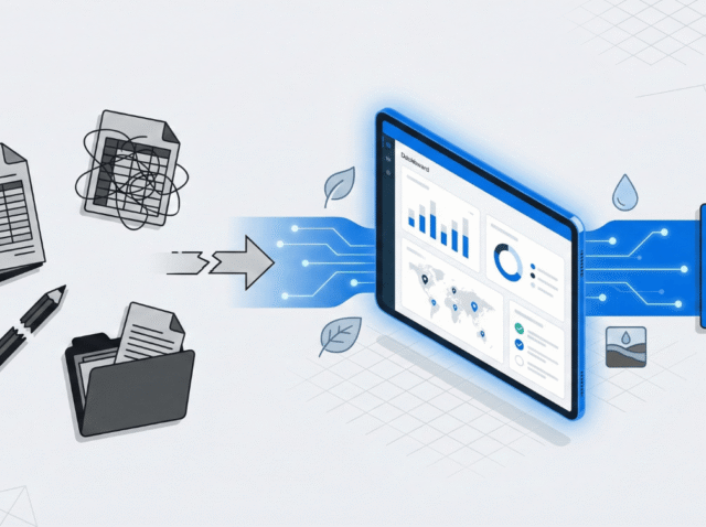 Isometric illustration showing paper documents, folders, and calculator transforming via digital flow into a modern analytics dashboard with charts, alongside certified compliance documents and water droplet icon
