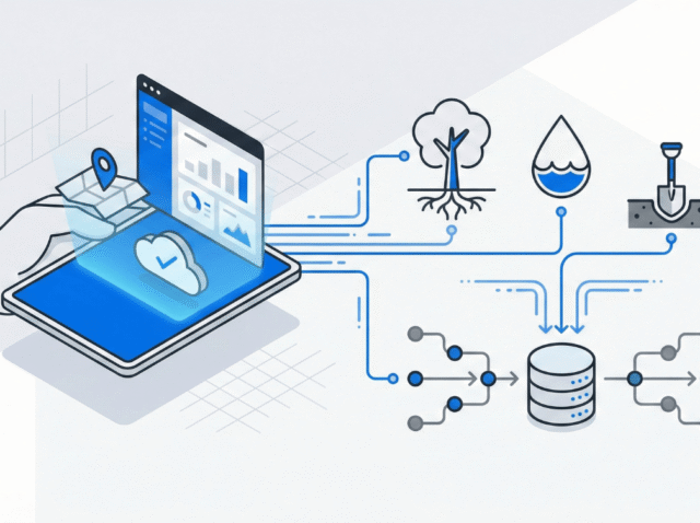 Isometric illustration of a hand holding a tablet with environmental data dashboard, connected to icons representing restoration tracking: tree with roots, water droplet, soil sampling tool, and central database