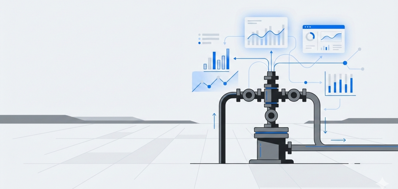 A professional, minimal flat illustration of an oil and gas wellhead on a flat prairie landscape. The scene features abstract data visualization overlays including blue charts, graphs, and metric nodes floating above the industrial equipment, representing digital asset management.