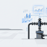 A professional, minimal flat illustration of an oil and gas wellhead on a flat prairie landscape. The scene features abstract data visualization overlays including blue charts, graphs, and metric nodes floating above the industrial equipment, representing digital asset management.