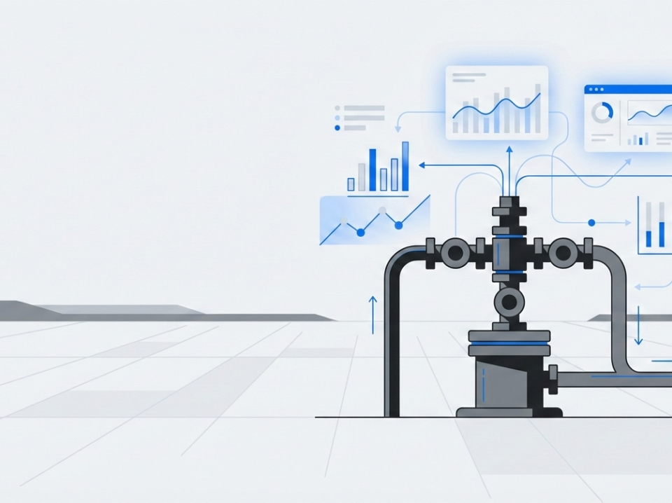 A professional, minimal flat illustration of an oil and gas wellhead on a flat prairie landscape. The scene features abstract data visualization overlays including blue charts, graphs, and metric nodes floating above the industrial equipment, representing digital asset management.