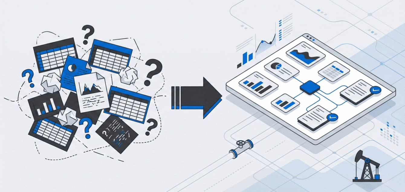 Illustration showing transition from spreadsheet chaos to organized oil field data management software