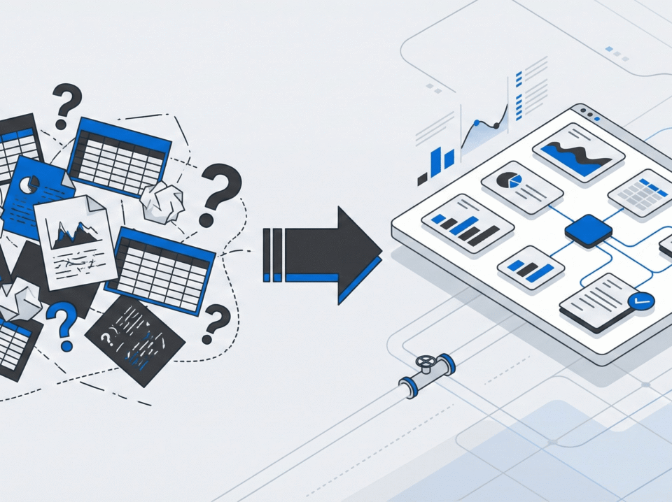 Illustration showing transition from spreadsheet chaos to organized oil field data management software