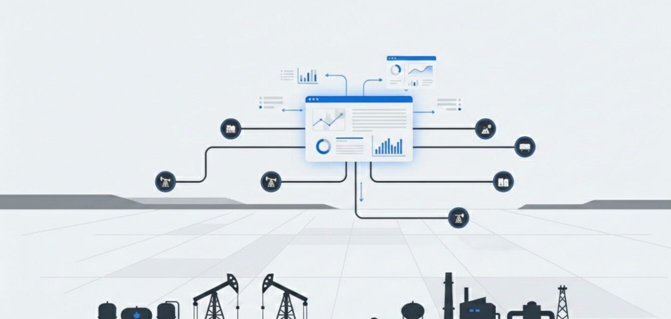 A minimalist flat illustration for a B2B SaaS blog showing a central digital dashboard connected by thin lines to various oil and gas asset icons. The composition features a clean white background with dark industrial silhouettes of pump jacks and pipelines at the bottom, using a professional blue and grey color palette.