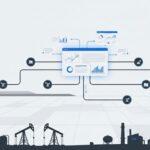 A minimalist flat illustration for a B2B SaaS blog showing a central digital dashboard connected by thin lines to various oil and gas asset icons. The composition features a clean white background with dark industrial silhouettes of pump jacks and pipelines at the bottom, using a professional blue and grey color palette.