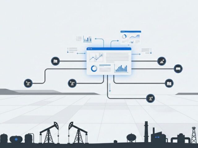 A minimalist flat illustration for a B2B SaaS blog showing a central digital dashboard connected by thin lines to various oil and gas asset icons. The composition features a clean white background with dark industrial silhouettes of pump jacks and pipelines at the bottom, using a professional blue and grey color palette.