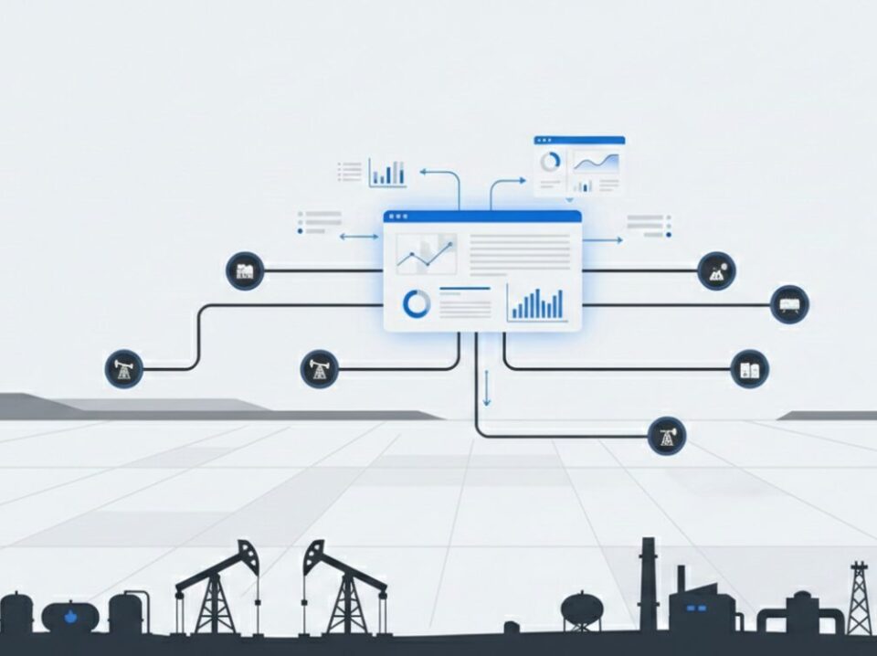 A minimalist flat illustration for a B2B SaaS blog showing a central digital dashboard connected by thin lines to various oil and gas asset icons. The composition features a clean white background with dark industrial silhouettes of pump jacks and pipelines at the bottom, using a professional blue and grey color palette.