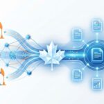 Illustration showing oil pumpjacks connected to digital data and document systems
