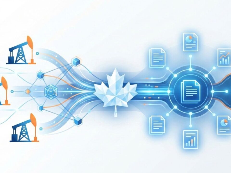Illustration showing oil pumpjacks connected to digital data and document systems