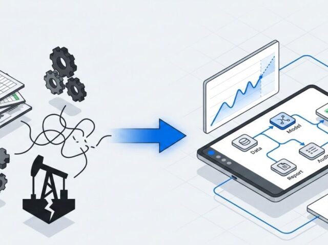 Flat isometric illustration of a digital dashboard for oil and gas ARO forecasting and liability management, featuring data connection lines and icons for site remediation and financial tracking.
