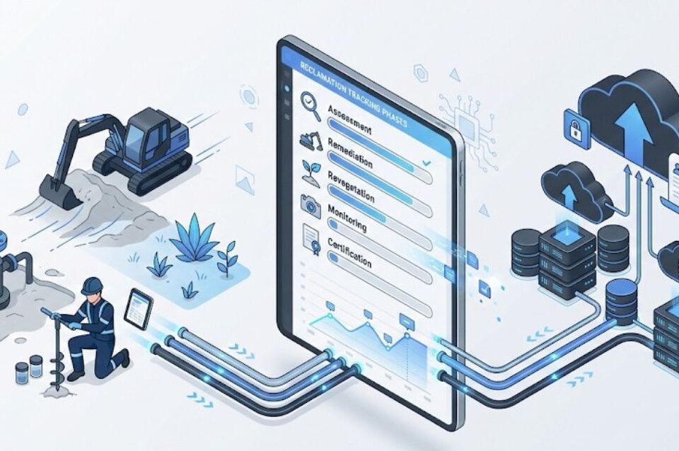 Oil and gas reclamation tracking software dashboard with field data collection and cloud compliance system.