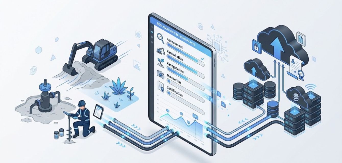 oil-gas-site-reclamation-tracking-system-banner.jpg Oil and gas reclamation tracking software dashboard with field data collection and cloud compliance system.