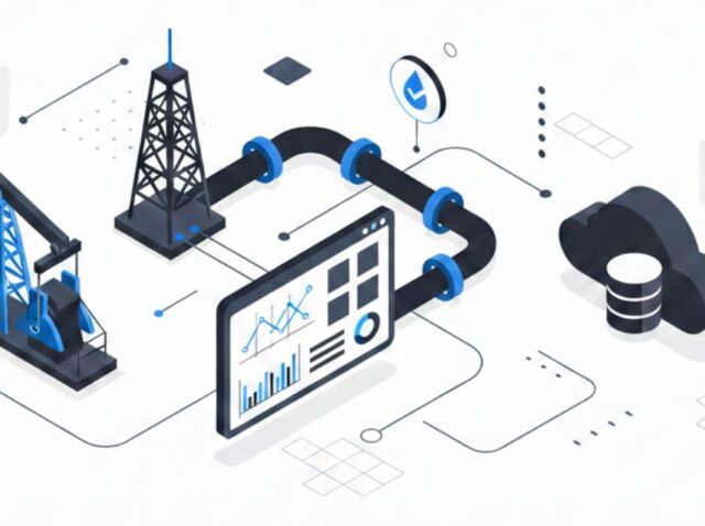 Oil and gas industry digital analytics system with drilling rigs, pipeline, cloud storage, and data dashboard