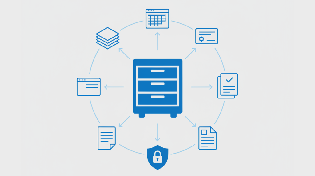 Centralized document management system with a secure filing cabinet connected to documents, spreadsheets, certificates, and compliance records