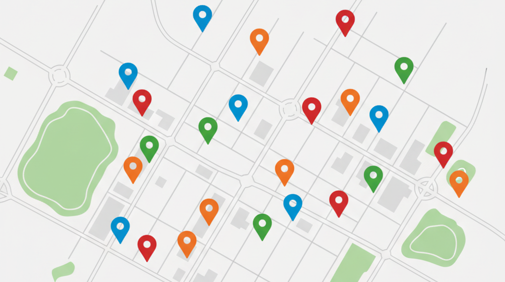 Digital map of a Canadian prairie city with color-coded location pins showing tracked municipal assets across streets and neighborhoods