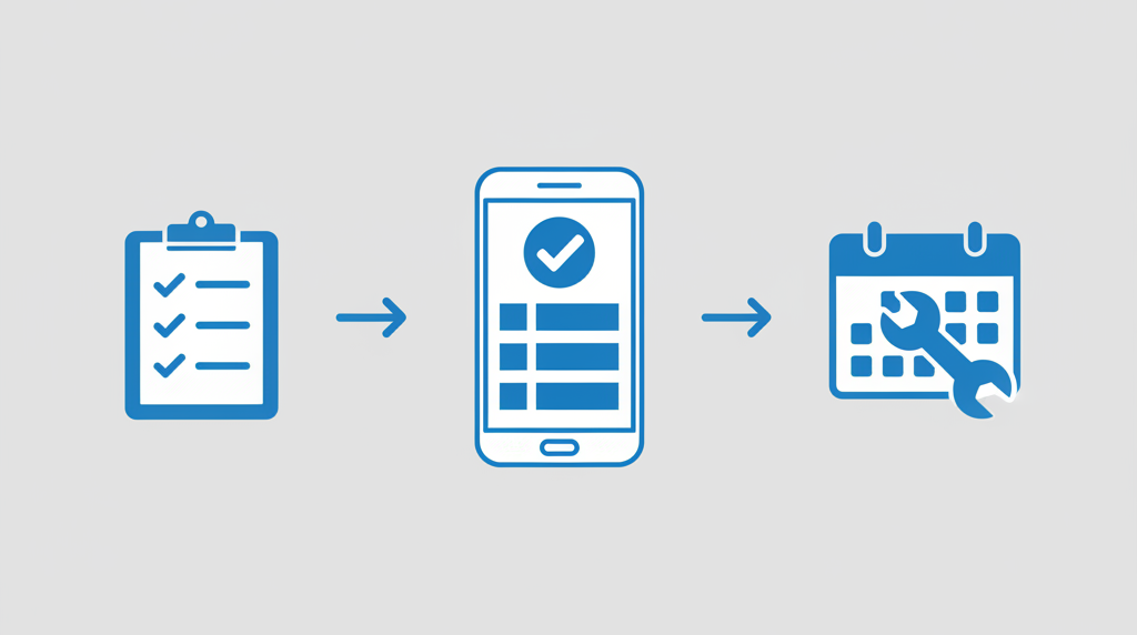 Preventive maintenance workflow showing a checklist flowing into a mobile work order app and then to a scheduled maintenance calendar