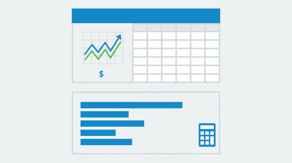 Financial dashboard with a line chart tracking budget trends, a data spreadsheet, bar charts for budget allocation, and a calculator for cost analysis