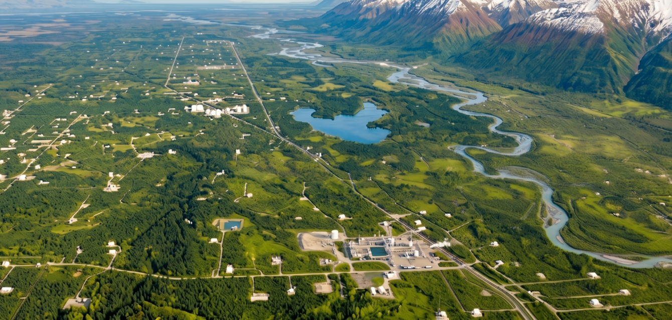 Aerial view of an Alberta river valley with industrial sites, green boreal landscape and snow-capped Rocky Mountain foothills, the type of remote environmental project terrain managed by Arletta Environmental using Fieldshare.