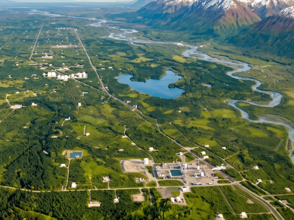 Aerial view of an Alberta river valley with industrial sites, green boreal landscape and snow-capped Rocky Mountain foothills, the type of remote environmental project terrain managed by Arletta Environmental using Fieldshare.