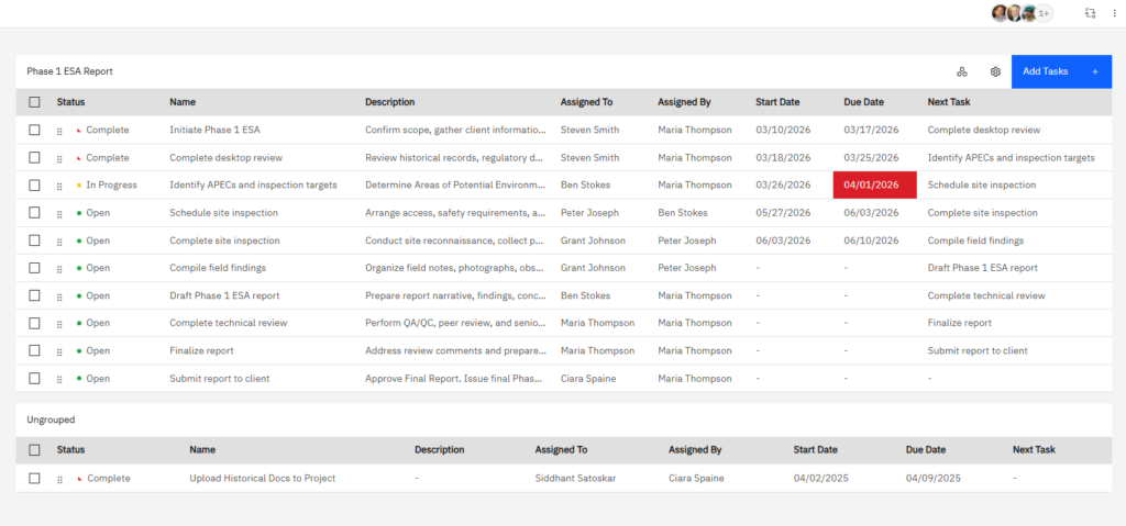 Fieldshare grouped tasks data table for the Phase 1 ESA Report workflow showing task statuses, start and due dates with one overdue date flagged, and a separate ungrouped tasks section