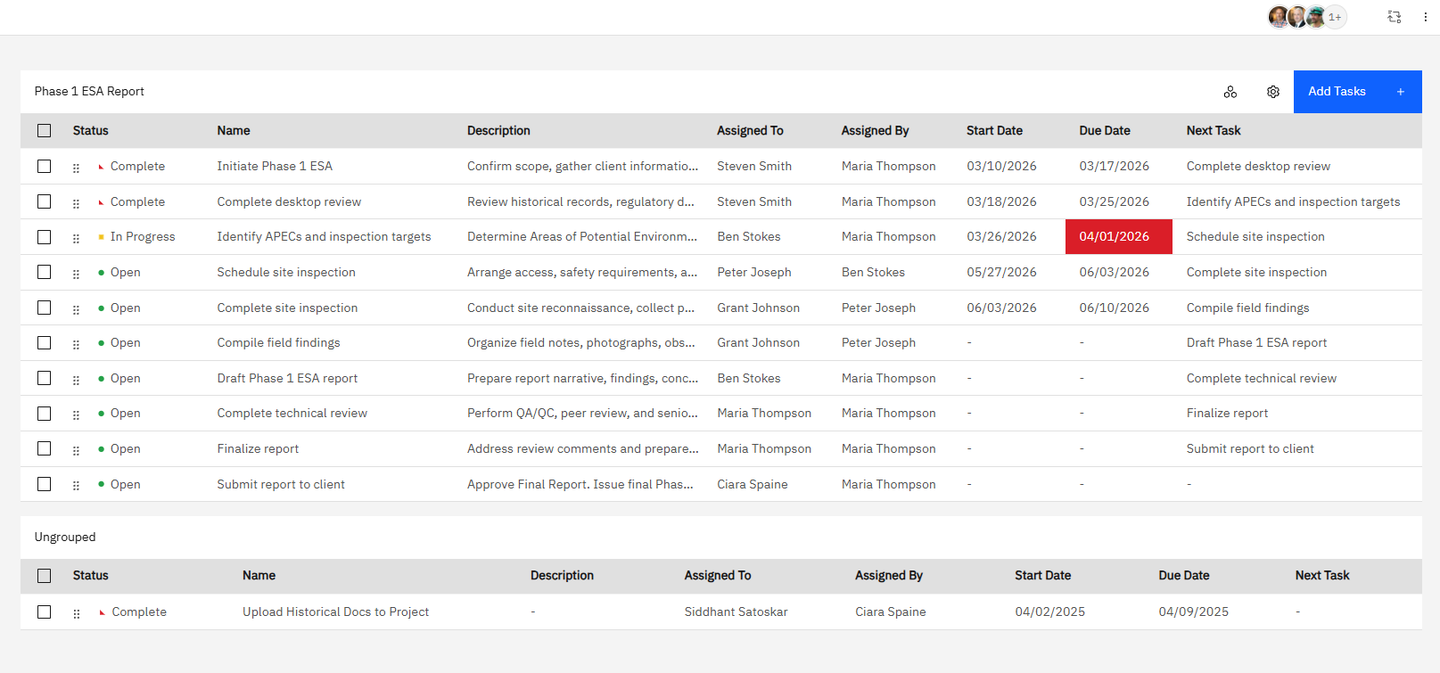 Fieldshare grouped tasks data table for the Phase 1 ESA Report workflow showing task statuses, start and due dates with one overdue date flagged, and a separate ungrouped tasks section