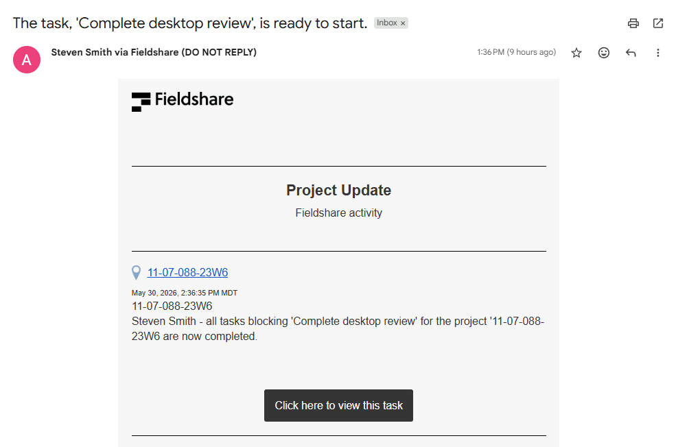 Fieldshare notification email telling the next assignee that the task Complete desktop review is ready to start because the tasks blocking it are now complete