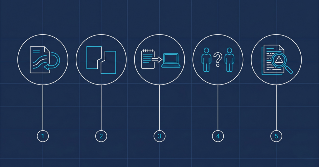 Blueprint-style diagram illustrating five warning signs that an environmental consulting firm has outgrown its current data management system