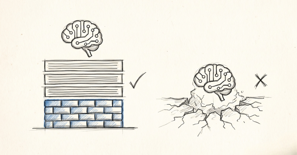 Hand-drawn sketch on textured paper showing data foundations being built before adding AI on top