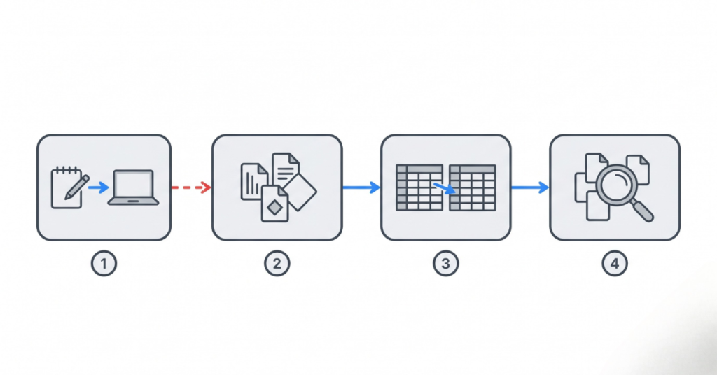 Clean flat vector diagram showing four workflow bottleneck stages where oil and gas field data breaks down