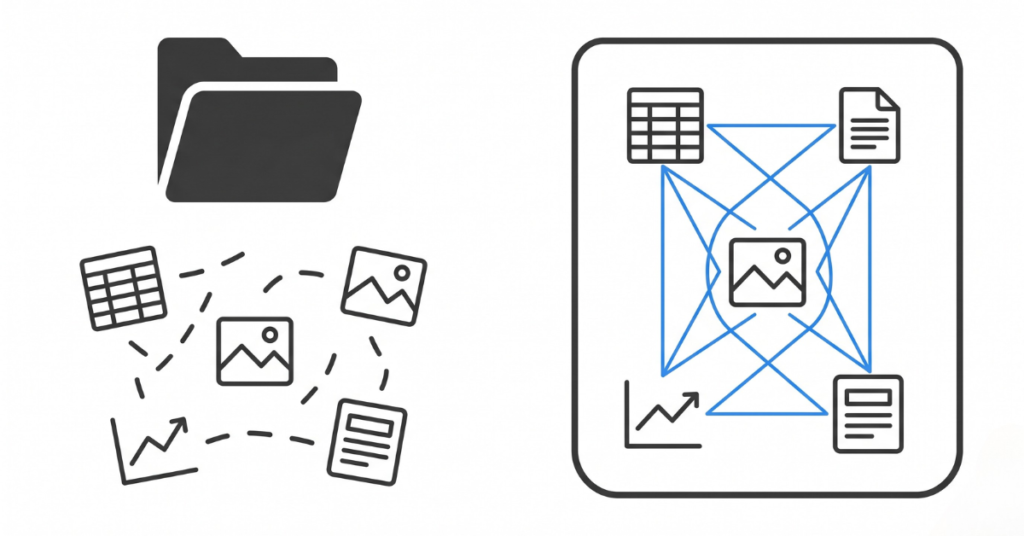 Minimal icon infographic comparing generic project management tools storing disconnected files versus purpose-built environmental software connecting data