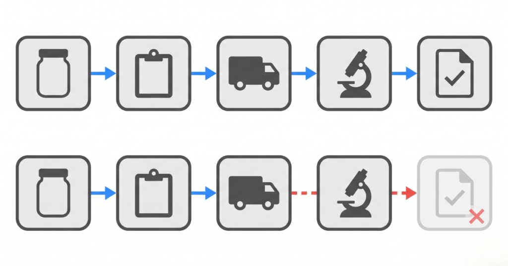 Clean flat vector diagram showing the environmental sample tracking lifecycle from field collection through laboratory results