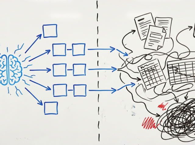 Whiteboard sketch showing the gap between AI promises and messy field data reality in oil and gas operations