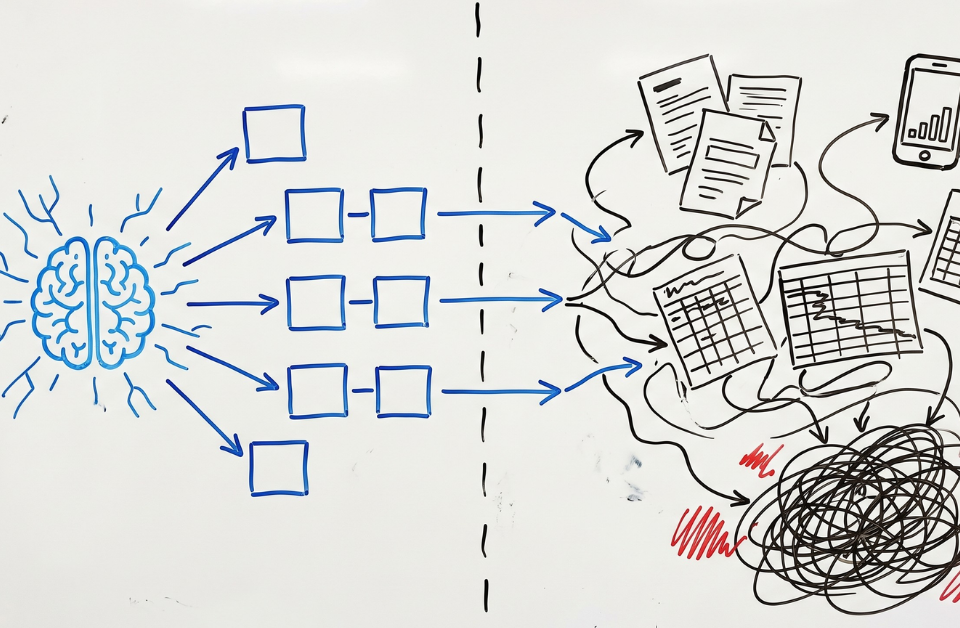 Whiteboard sketch showing the gap between AI promises and messy field data reality in oil and gas operations