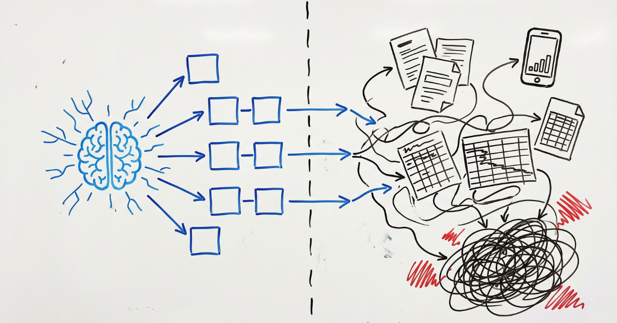 Whiteboard sketch showing the gap between AI promises and messy field data reality in oil and gas operations