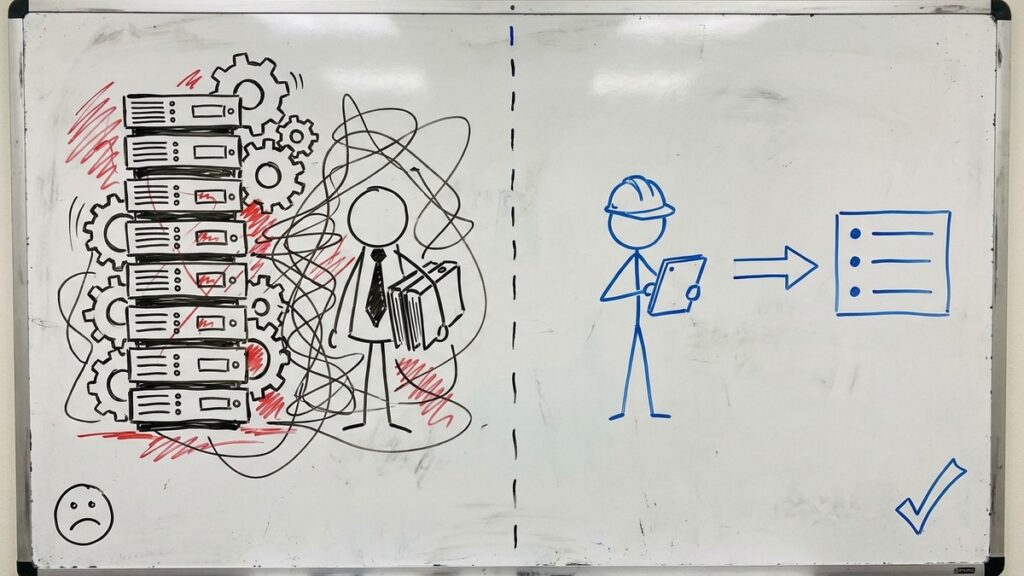 Whiteboard sketch comparing a heavy enterprise asset management system against right-sized software a field crew actually uses