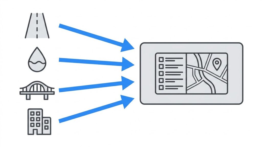 Clean flat vector diagram showing roads, water lines, bridges, and facilities feeding into one municipal asset register