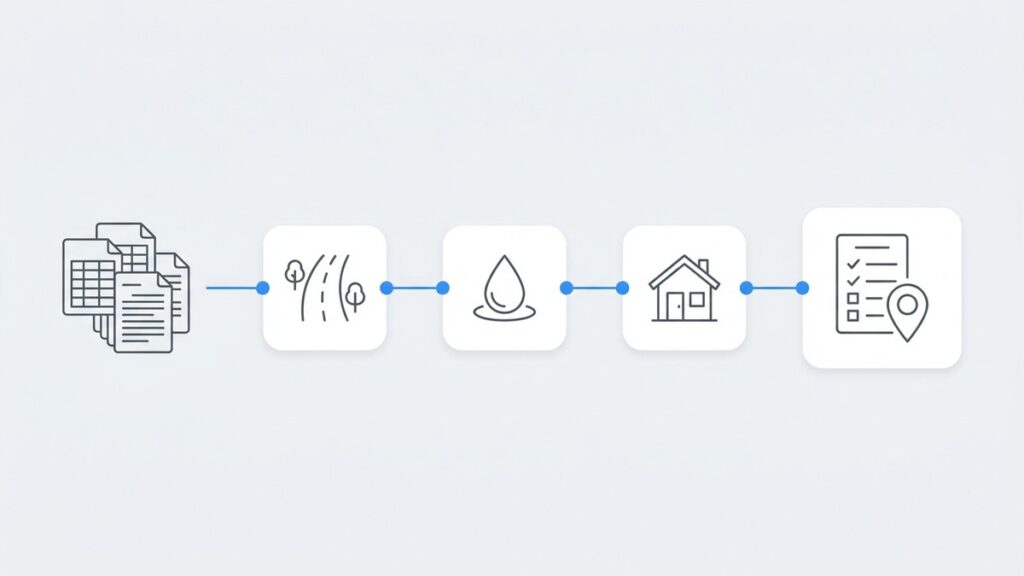 Minimal infographic showing a phased migration from spreadsheets into a municipal asset management system, one asset class at a time
