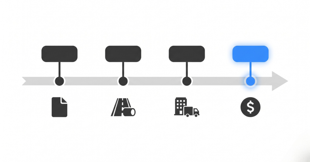 Clean flat vector diagram showing the four O. Reg. 588/17 milestone dates from 2019 through 2025