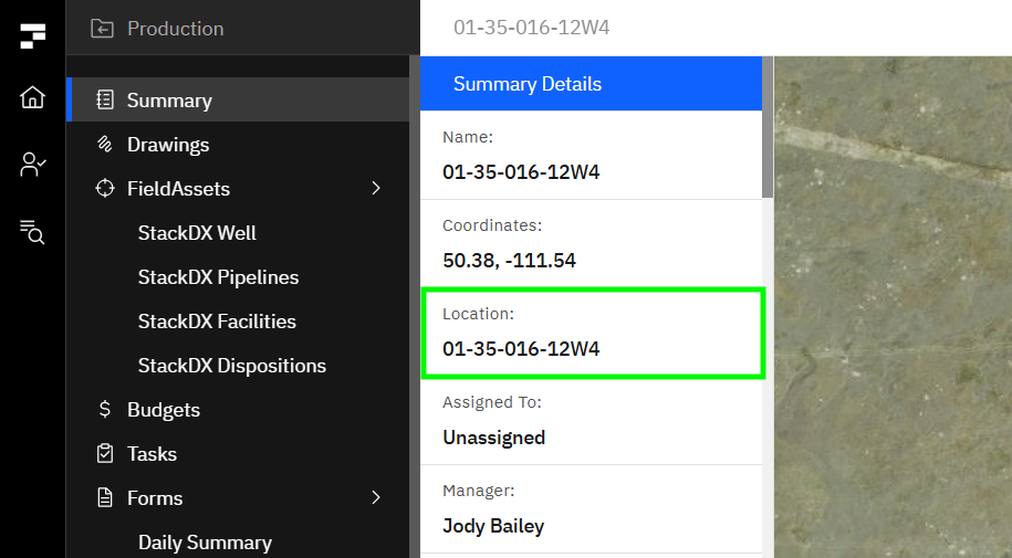 Fieldshare project Summary Details panel with the Location field highlighted, showing the value 01-35-016-12W4