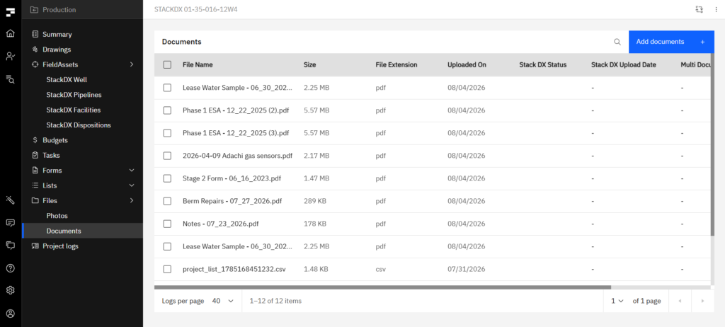 Fieldshare Single Project View with the Documents tab open, showing a table of project documents with file name, size, extension, upload date and StackDX Status columns