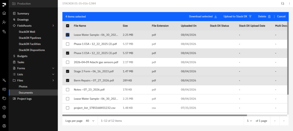 Fieldshare documents table with four documents selected and a blue action bar showing Download selected, Upload to Stack DX, Delete and Cancel options