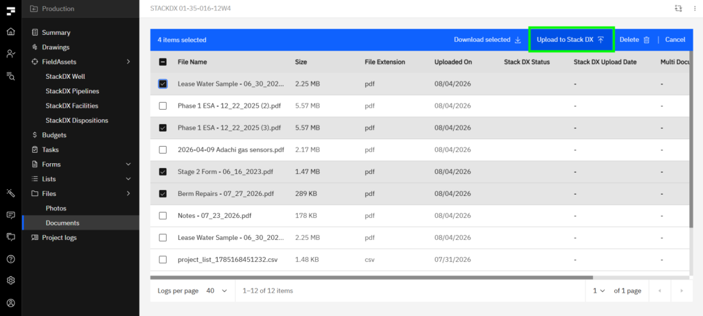 Fieldshare documents table with four documents selected and the Upload to Stack DX button highlighted in the blue action bar