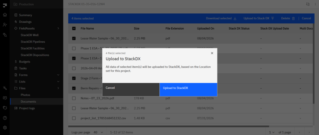 Fieldshare confirmation dialog reading Upload to StackDX with the message that all data of selected items will be uploaded to StackDX based on the Location set for this project
