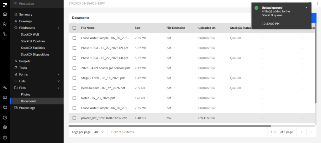 Fieldshare documents table with an Upload queued notification confirming four files were added to the StackDX queue, and Queued showing in the StackDX Status column on those rows
