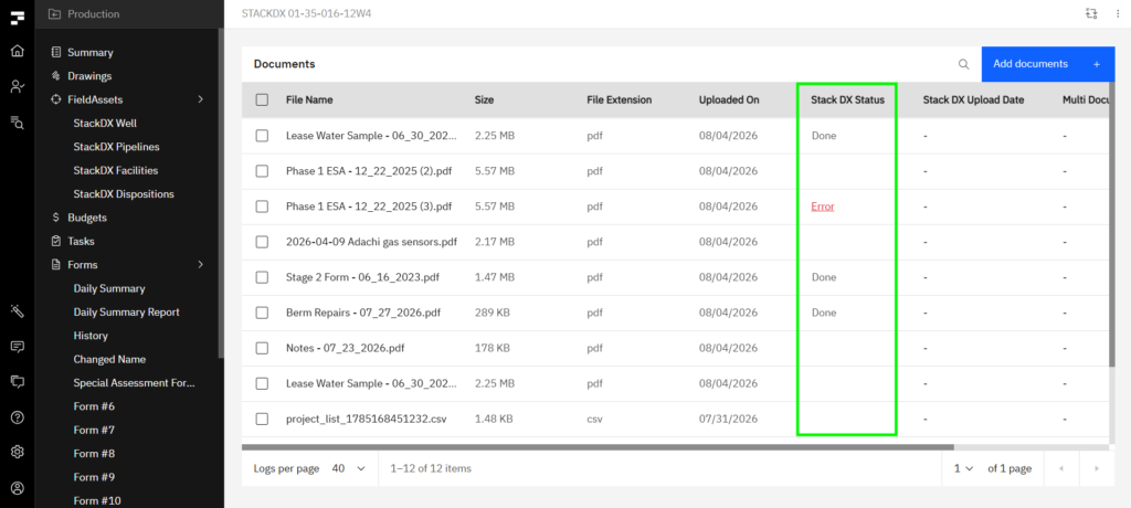 Fieldshare documents table with the StackDX Status column highlighted, showing Done on three documents and a red Error status on one