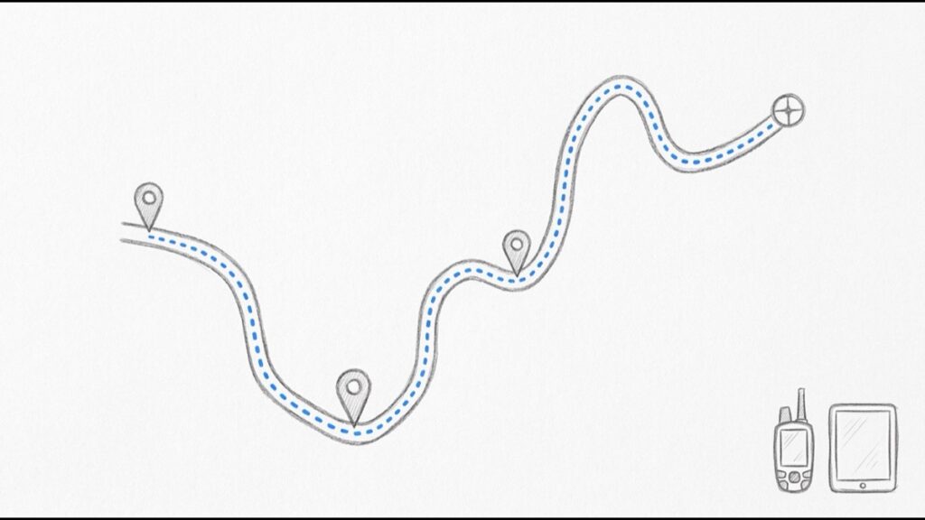 Hand-drawn sketch of a handheld GPS unit's route line overlaid on a site map beside photo pins captured on a tablet