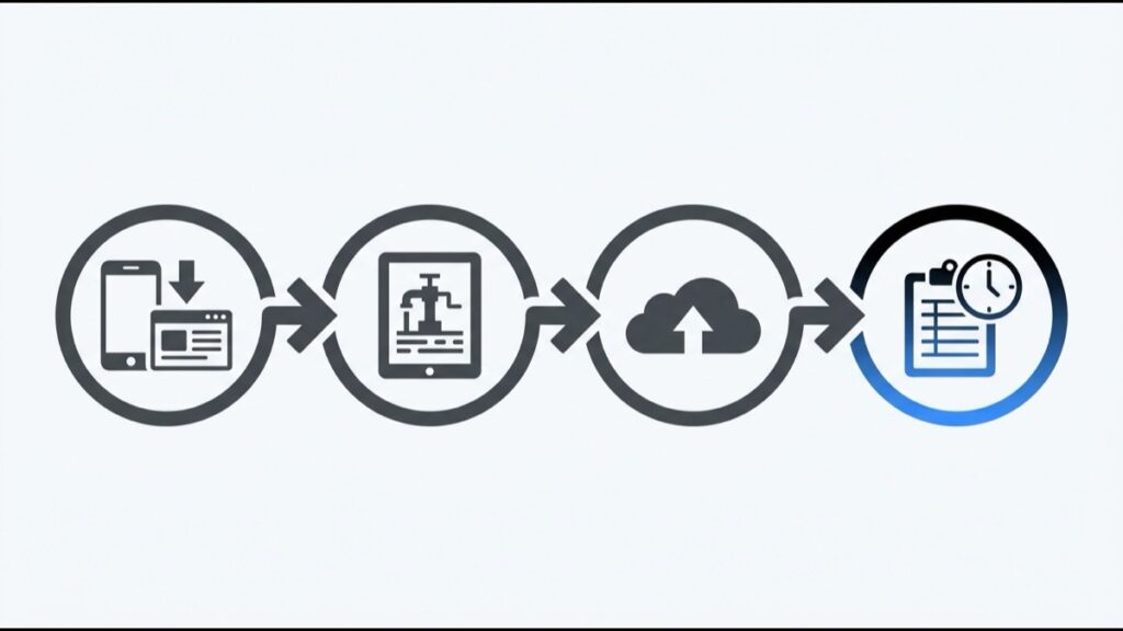 Clean flat vector diagram of offline field data capture: save site offline, capture in the field, sync, then reconcile in the project log